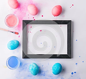 Eggs flat lay on a white background. Easter and spring composition.