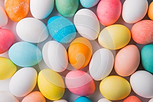 Eggs flat lay on a white background. Easter and spring composition.