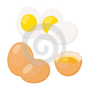 Eggs in flat style. Broken eggshell with yolk, boiled eggs