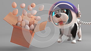 Eggs float from a box in front of bemused puppy dog in spacesuit, 3d illustration