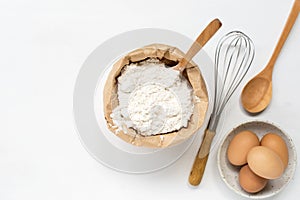 Eggs and flour basic baking background.