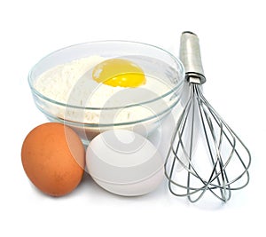 Eggs and flour ingredients for dough preparation