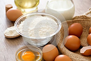 Eggs, flour and milk background