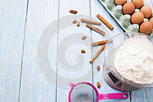 Eggs and flour, products for baking cake.