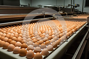 Eggs in a food processing facility, clean and fresh, ready for automated packaging.