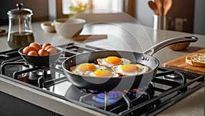 Eggs are fried a frying pan the kitchen traditional cooking deliciously breakfast photo