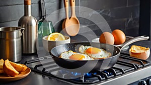 Eggs are fried a frying pan in the kitchen traditional cooking deliciously breakfast photo