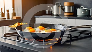 Eggs are fried a frying pan in the kitchen traditional cooking deliciously photo
