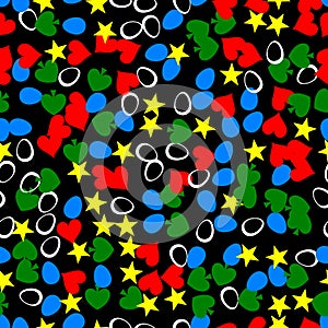 Eggs, hearts, stars and leaves seamless generated pattern
