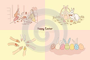 Eggs hunt, decoration, pysanka with multicolor traditional ornament, festive bunny near basket banner template