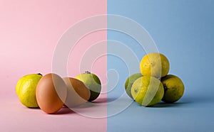 eggs and lemon concept over a creative modern backgroun