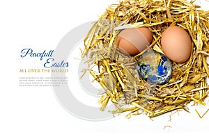 Eggs and globe in a nest of straw, isolated on white background