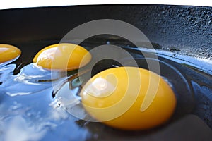 Eggs on an old skillet close-up. Fast food