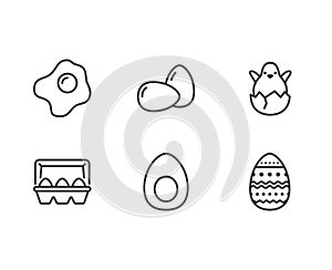 Eggs, organic food flat line icons. Breakfast fried egg, hatched chicken in eggshell vector illustration, easter sign