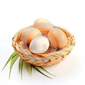 Eggs in and out of bamboo basket.