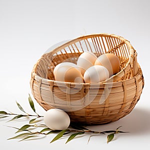 Eggs in and out of bamboo basket.