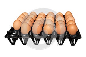 Eggs in package black plastic, Isolated on white background