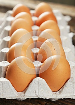 Eggs in the package on brown wooden background.