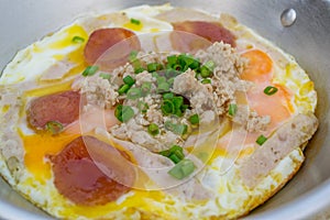 Eggs on pan for breakfast thailand local food style