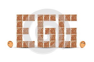 Eggs in paper tray formimg into text `egg` with two smiling eggs on white table and background