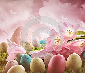 Eggs with pink tulips in the grass