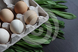 Eggs and Ramson on a black table, wood garlic