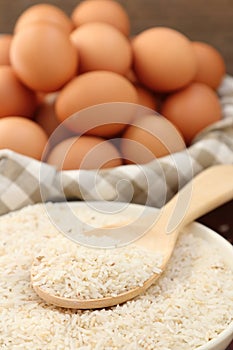 Eggs and raw rice.