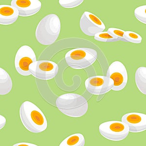 Eggs seamless pattern. Hard boiled eggs on light green background. Morning breakfast symbols.