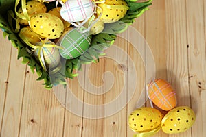 Eggs on textured wood background