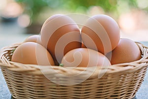 Eggs in the wicker basket on blurred natural green background