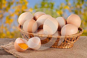 Eggs in a wicker basket on a wooden board with blurred garden background