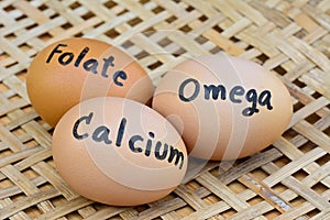 Eggs with word calcium,folate,omega on for food concept