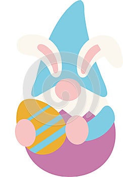 Spring Easter gnome sitting inside an eggshell. Gnome with rabbit ears.