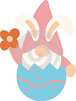 Spring Easter gnome sitting inside an eggshell. Gnome with rabbit ears.