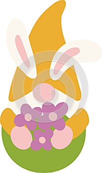 Spring Easter gnome sitting inside an eggshell. Gnome with rabbit ears.