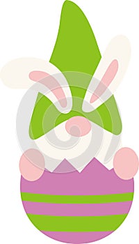 Spring Easter gnome sitting inside an eggshell. Gnome with rabbit ears.