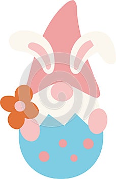 Spring Easter gnome sitting inside an eggshell. Gnome with rabbit ears.