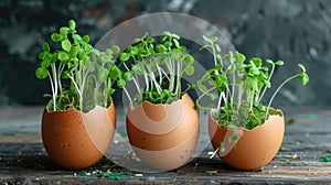 Eggshell planters with green seedlings