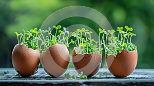 Eggshell planters with green seedlings