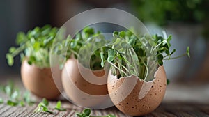 Eggshell planters with green seedlings