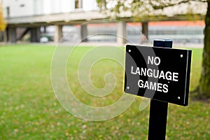 Egidija ÄŒiricaite's sign saying 'no language games'