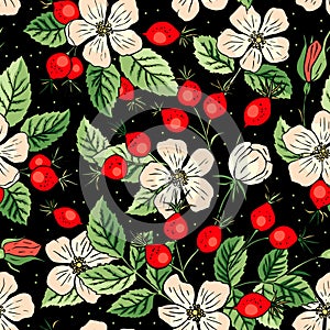 Eglantine Rose Hip Flower and red berry flower seamless vector pattern background.