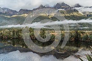 Eglinton valley, mirror lakes along the way of milford road in new zealand.