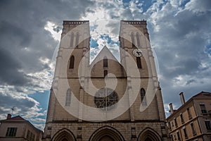 Eglise Saint Jean Baptiste Church at dusk in Bourgoin Jallieu, France, a city of Dauphine region, in Isere Departement.