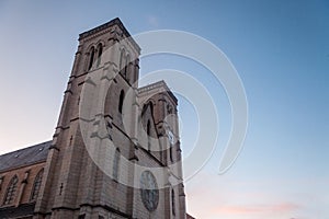 Eglise Saint Jean Baptiste Church at dusk in Bourgoin Jallieu, France, a city of Dauphine region, in Isere Departement.