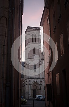 Eglise Saint Jean Baptiste Church at dusk in Bourgoin Jallieu, France, a city of Dauphine region, in Isere Departement.