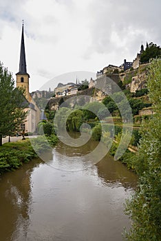 Eglise Saint-Jean-du-Grund Church, Alzette River, and Cityscape Panorama of Old Town, Luxembourg