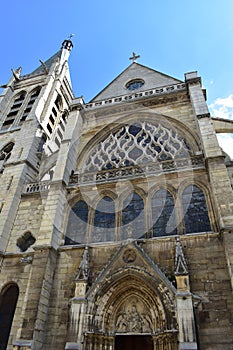 Eglise Saint-Severin located at the Latin Quarter, flamboyant gothic church with blue sky. Paris, France.