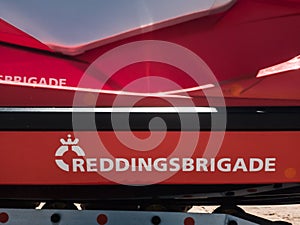 Egmond aan Zee, Netherlands - July 21, 2019: details of a jetski of the dutch coastguard - reddingsbrigade