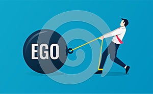 Ego burden concept. Businessman try to pull his ego. Businessman facing ego on his way to success